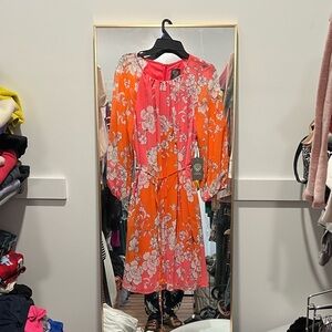 Vince Camuto Floral Colorblock Midi Dress - Orange & Pink